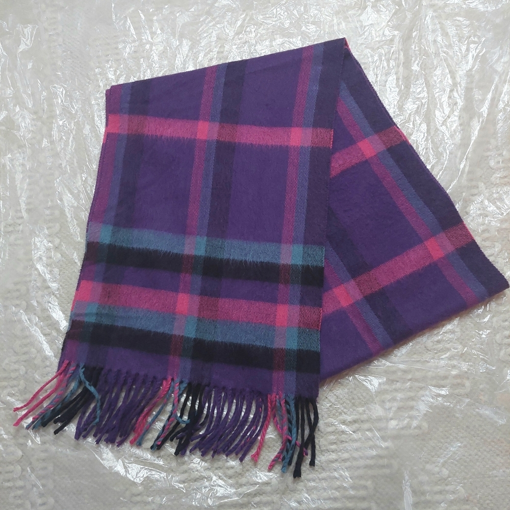 100% Cashmere Scotland Purple/ Pink Plaid Wool Wrap Scarf! 12" X 68" (H)